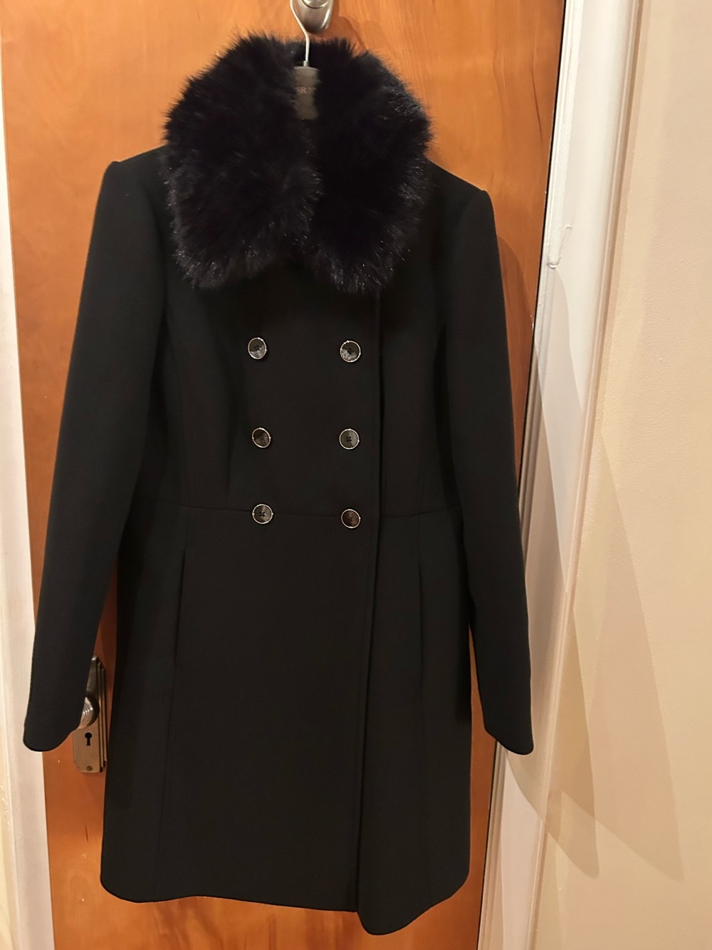 Ever New Black Double-Breasted Women's Coat with Detachable Faux Fur Collar